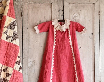 Antique Double Pink Baby Gown Dress with Hand Appliqued Sawtooth Design, Handstitched