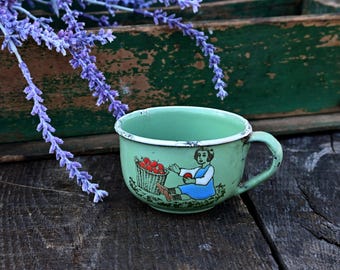 Vintage Toy Enamel Green Tea Cup with Girl and Basket of Apples