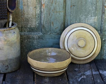 Antique Yellow Ware Casserole Bowl With Lid, Stoneware Yellow Bowl with Brown Stripe