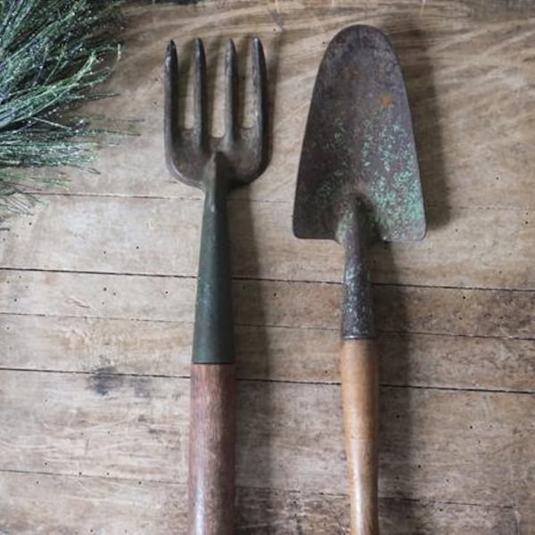 Vintage Garden Tools Shovel Fork Green Paint