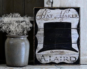 Primitive Folk Art Hat Maker Trade Wooden Sign, Old Fashion Wood Picture Art