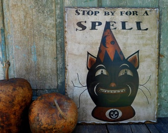 Primitive Halloween Cat Folk Art Wall Hanging