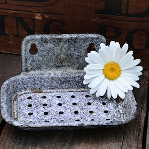 Antique Speckled Enamelware Soap Dish, Hanging Soap Holder, Soap Bar Dish, Black/Gray