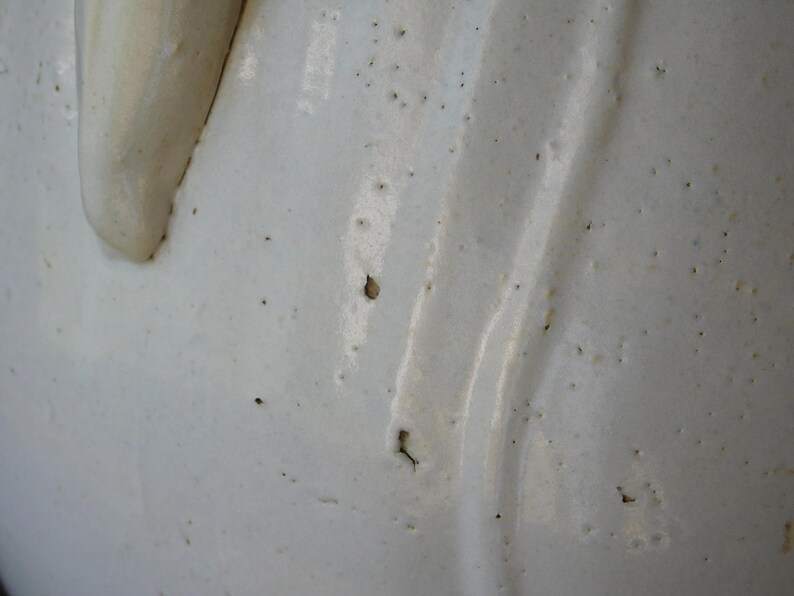 May include: Close-up of a white ceramic pitcher with a handle. The pitcher has a glossy finish with subtle texture and small dark spots. The handle is a lighter shade of white.