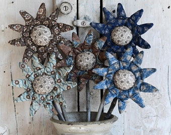 Rustic Handmade Flower Pokes, Primitive Fabric Flowers, Blue Flower Bouquet