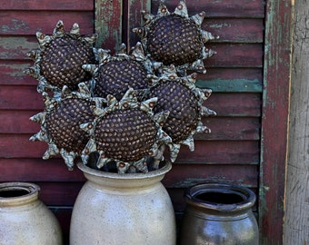 Handmade Fabric Primitive Sunflower Pokes, Blue Fabric Sunflowers, Set of 3 Flowers