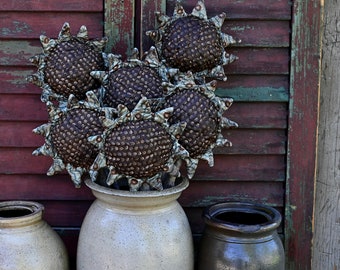 Handmade Fabric Primitive Sunflower Pokes, Set of 3 Flowers