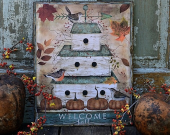 Country Folk Art Fall Pumpkin, Birds and Birdhouse Wooden Wall Hanging Sign