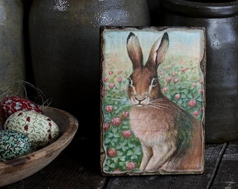 Handmade Rustic Easter Rabbit Wooden Plaque, Spring Bunny Decor