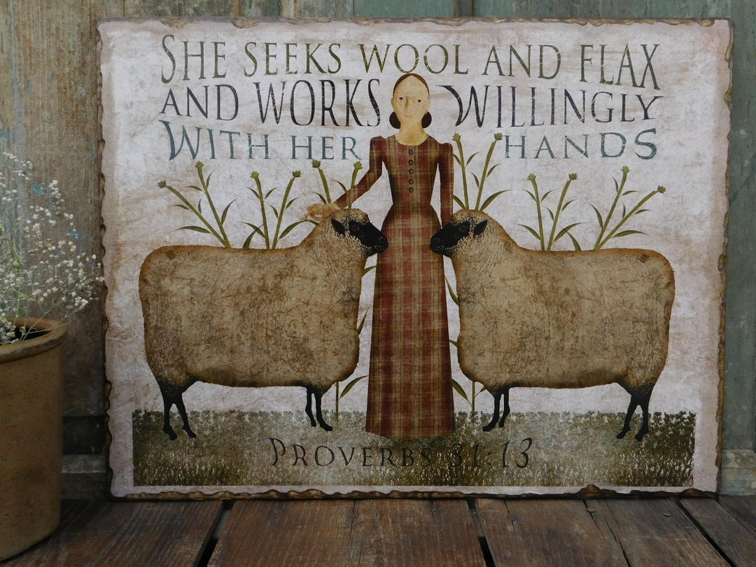 Large Primitive Folk Art Wooden Wall Hanging Sign she Seeks Wool and