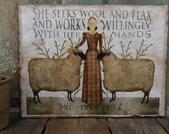 Large Primitive Folk Art Wooden Wall Hanging Sign "She Seeks Wool and Flax" with Sheep, Proverbs 31:13