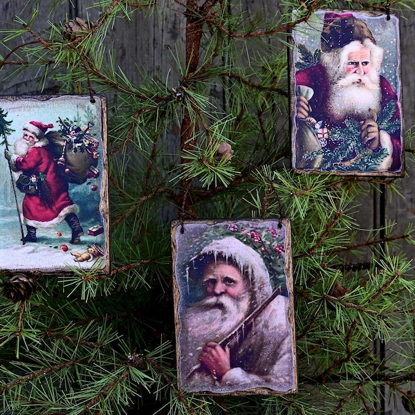 Primitive Santa Ornaments, Rustic Old World Santa Christmas Decoration, 3.5 x 5 inches Wood Ornaments, Set of 3