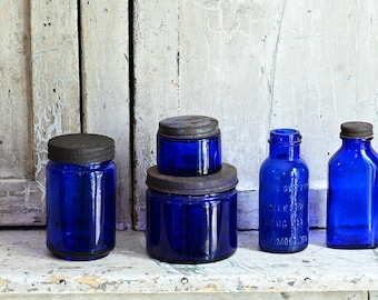 Antique Blue Cobalt Glass Medicine Jars