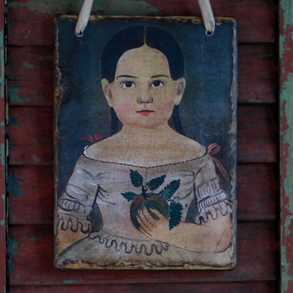 Primitive Folk Art Painting Print of Girl Holding Apple, Wall Hanging Sign