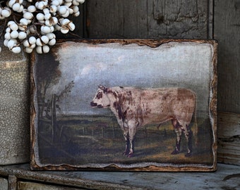 Handmade Rustic Cow Steer Wooden Picture Sign, Antique Reproduction Steer Print