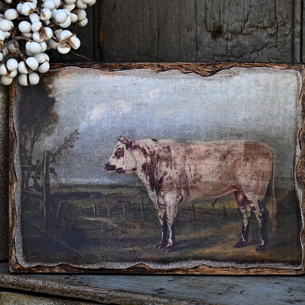 Handmade Rustic Cow Steer Wooden Picture Sign, Antique Reproduction Steer Print