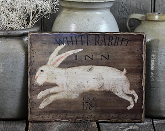 Primitive Rabbit Inn Wooden Picture Sign, Folk Art Easter Trade Sign