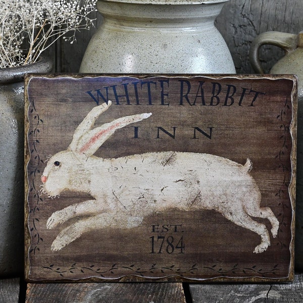 Primitive Rabbit Inn Wooden Picture Sign, Folk Art Easter Trade Sign