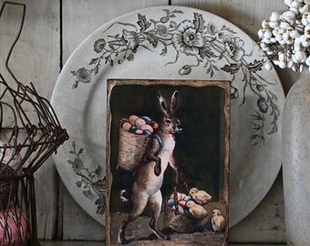 Enseigne d'art mural Lapin de Pâques primitif en bois avec œufs, Plaque en bois 5 x 7