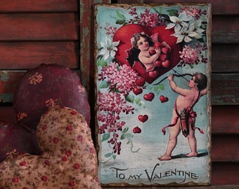 Handmade Primitive Valentine Art, Antiqued Cupid Heart Print on Wood Wall Hanging