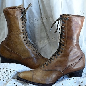 Antique Brown Leather High Top Lace up Boots