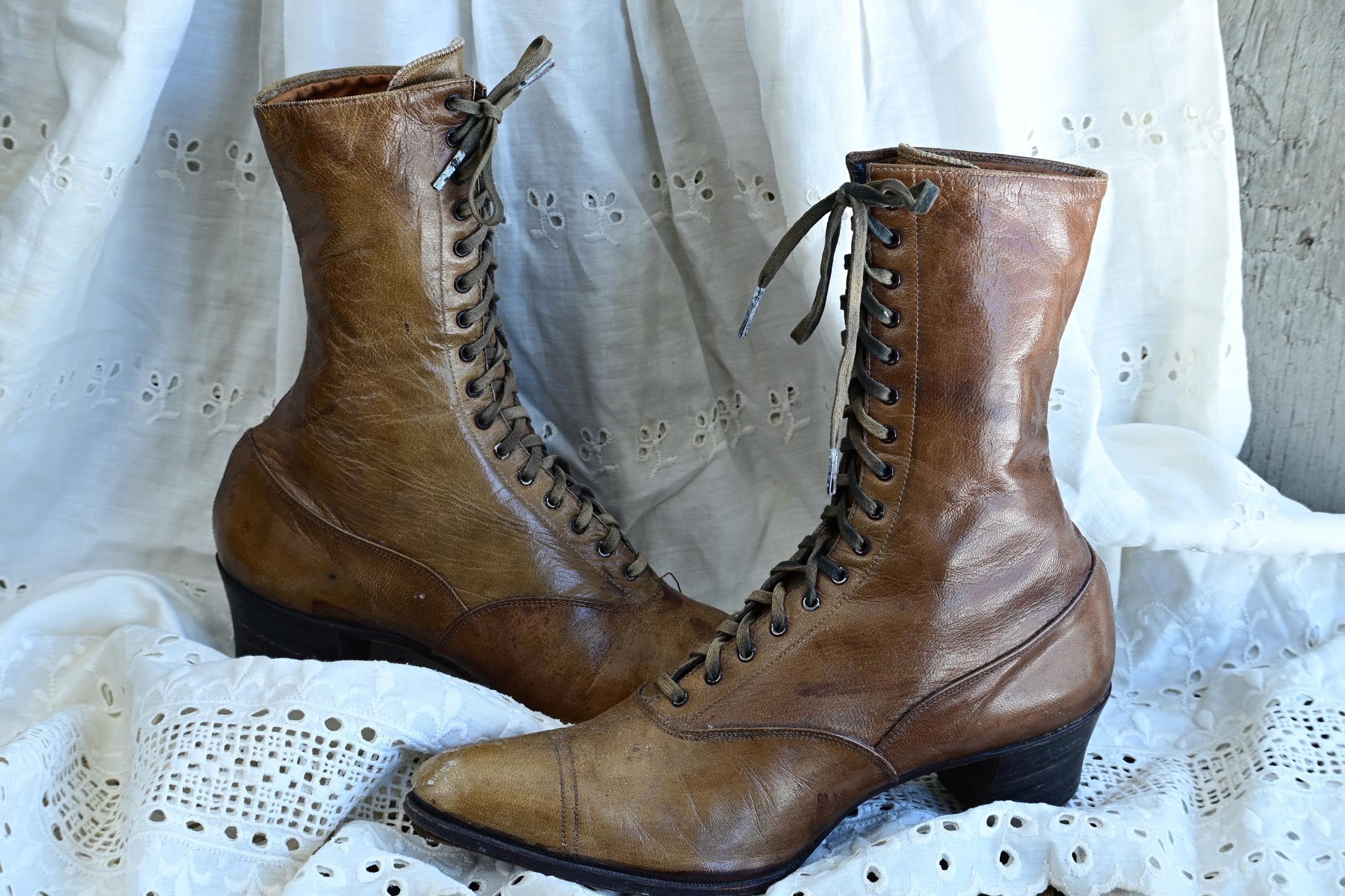 Antique Brown Leather High Top Lace up Boots - Etsy