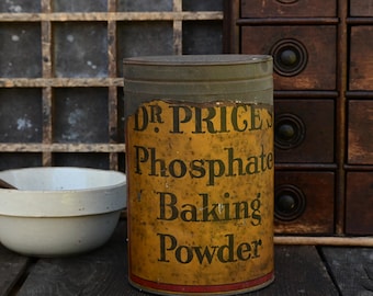 Unusual Large Primitive Antique Dr. Prices Baking Soda Tin with Mustard Paper Label, 5lb Tin Can