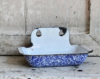 Vintage Blue and White Speckled Enamelware Soap Dish