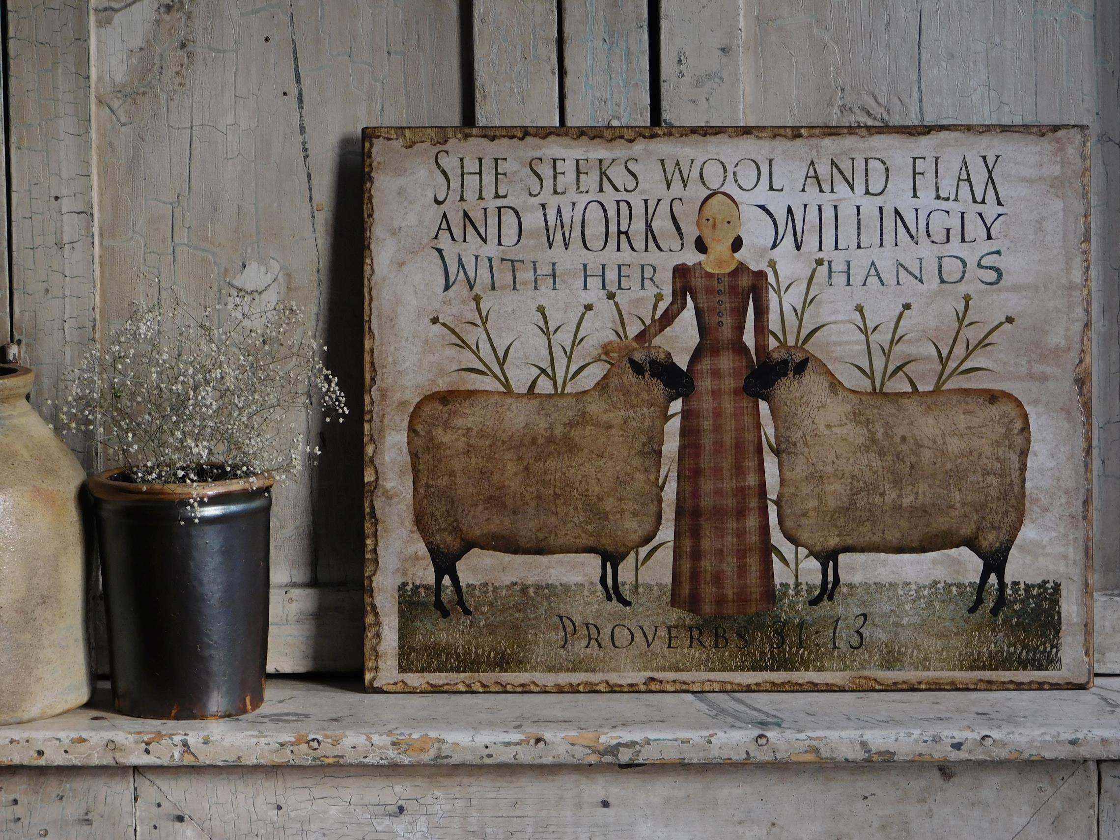 Large Primitive Folk Art Wooden Wall Hanging Sign 
