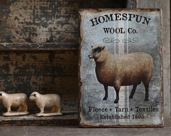 Rustic Country Sheep Wooden Sign Art, Homespun Wool Co. Wood Wall Hanging