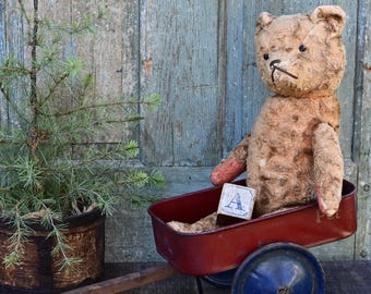 Antique Toy Red Wagon with Wooden Handle, Pressed Steel