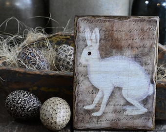 Primitive Easter White Rabbit Wooden Picture Sign