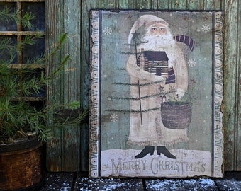 Primitive Santa Picture Art Wall Hanging Sign, Handmade Folk Art Christmas Decoration