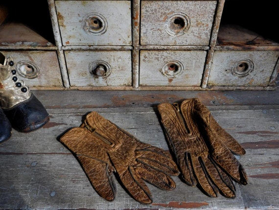 Antique Child's Brown Leather Gloves, Zip Up Vict… - image 1