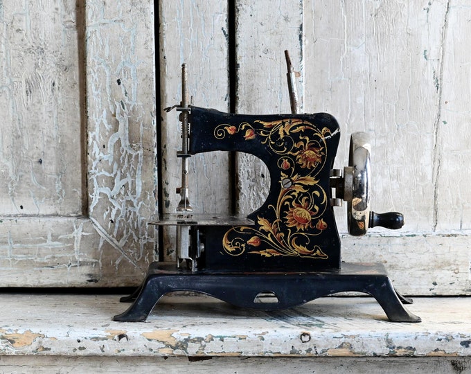 Antique German Toy Sewing Machine, Black With Gold Flowers, Made in