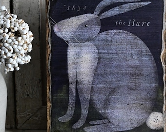 Panneau photo en bois avec image en bois, art folklorique, lapin de Pâques, décoration primitive de Pâques