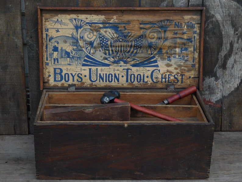 Antique Wooden Toy Tool Box with Tools Boys Union Tool Chest Etsy