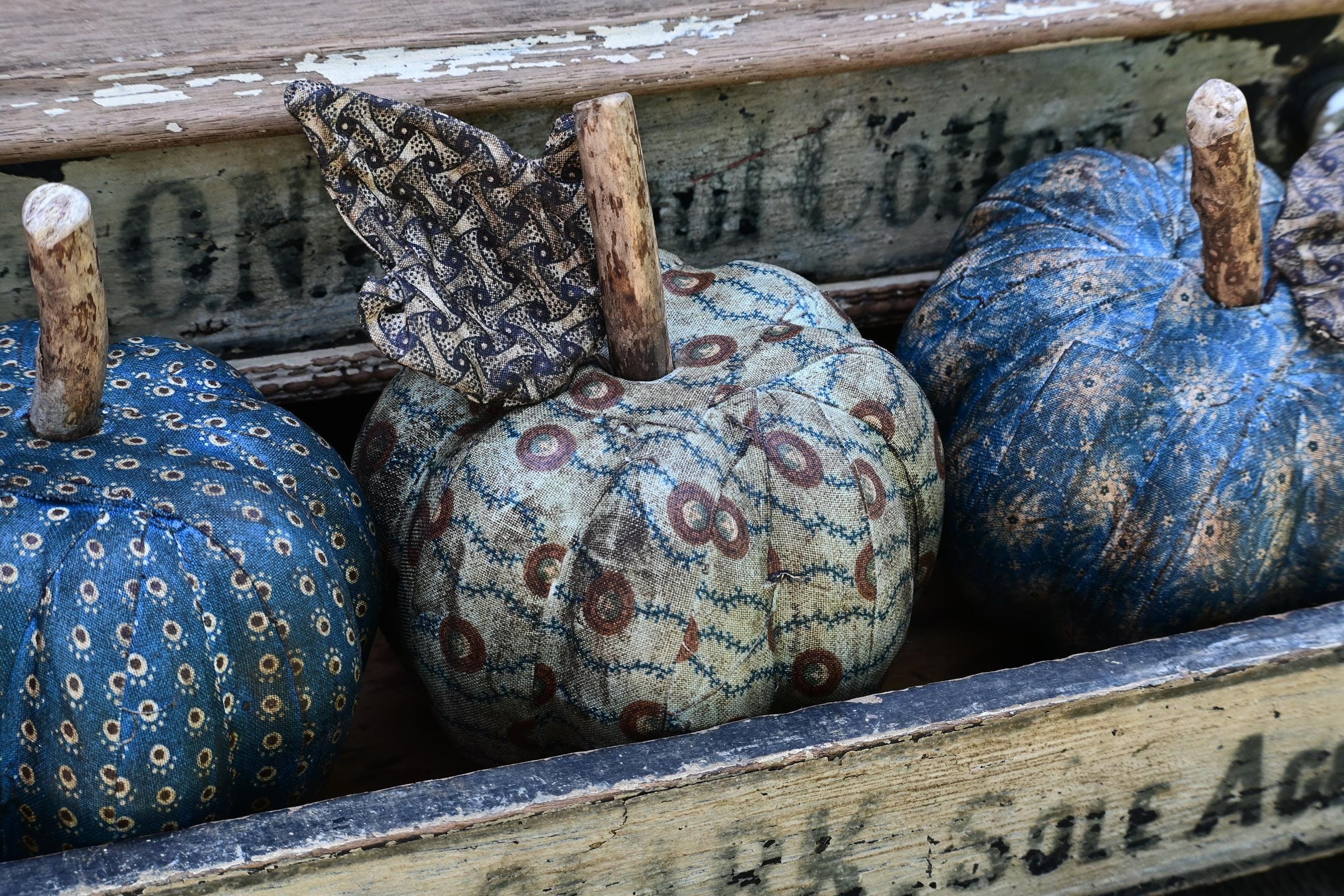 Primitive Blue Pumpkin Bowl Fillers and Tucks, Set of 3 Fabric Pumpkins ...