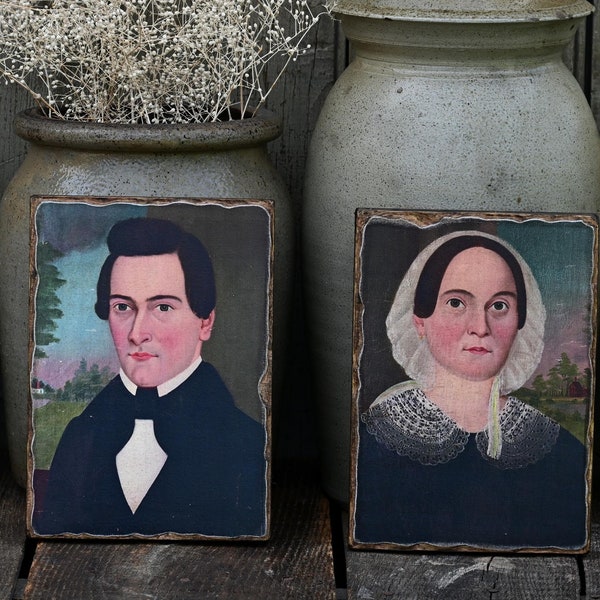 Set of Colonial Reproduction Wooden Sign Plaques of Husband and Wife, Antique Paintings of Man and Wife
