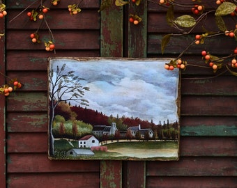 Arbres rustiques d'automne et paysage de scène de village à accrocher au mur, plaque de reproduction antique en bois