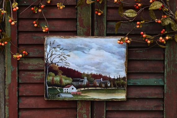 Rustic Fall Season Trees and Village Scene Landscape Picture Wall Hanging, Wooden Antique Reproduction Plaque Sign