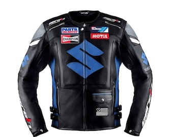 Suzuki Men Motorcycle Safety Wear Racing Leather Jacket Black CE Protected