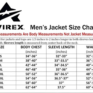May include: An Avirex jacket size chart with a black logo at the top. The table lists sizes from S to 5XL with corresponding body chest, sleeve length, and waist measurements in inches. It specifies that these are body measurements, not jacket measurements.