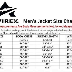 May include: An Avirex jacket size chart with a black logo at the top. The table lists sizes from S to 5XL with corresponding body chest, sleeve length, and waist measurements in inches. It specifies that these are body measurements, not jacket measurements.