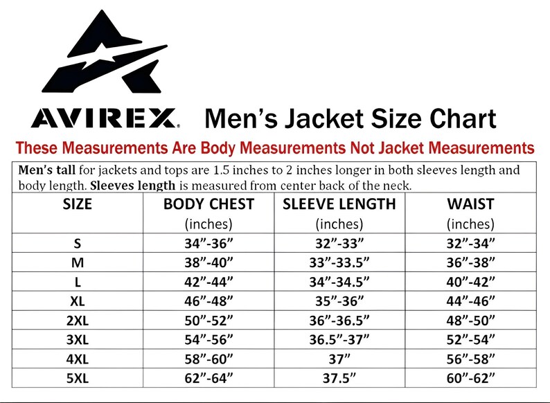 May include: An Avirex jacket size chart with a black logo at the top. The table lists sizes from S to 5XL with corresponding body chest, sleeve length, and waist measurements in inches. It specifies that these are body measurements, not jacket measurements.