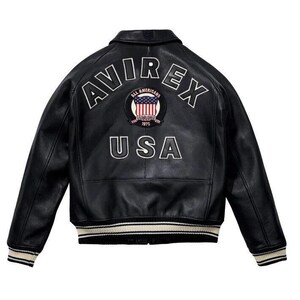 May include: A black leather varsity jacket featuring the white embroidered text AVIREX and USA on the back. A circular patch in the center displays the American flag with the text ALL AMERICANS ESTABLISHED 1975. The jacket has striped ribbed cuffs.