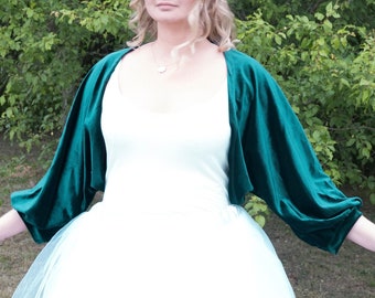 Emerald green velvet bolero, oversized puff sleeve sleeve shrug jacket, Loose bridal bridesmaids eveningwear shrug, wedding coverup