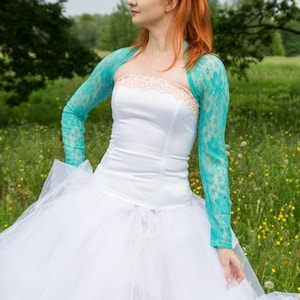 Turquoise lace bridal bolero, floral wedding coverup, seafoam Bridesmaids longsleeve shrug