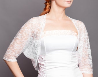 White bridal bolero, White lace delicate bridal shrug, sheer bridesmaids shawl, floral fabric coverup, loose lace bolero