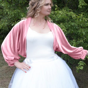 Bright light pink velvet bolero, oversized puff sleeve sleeve shrug jacket, Loose bridal bridesmaids eveningwear shrug, wedding coverup